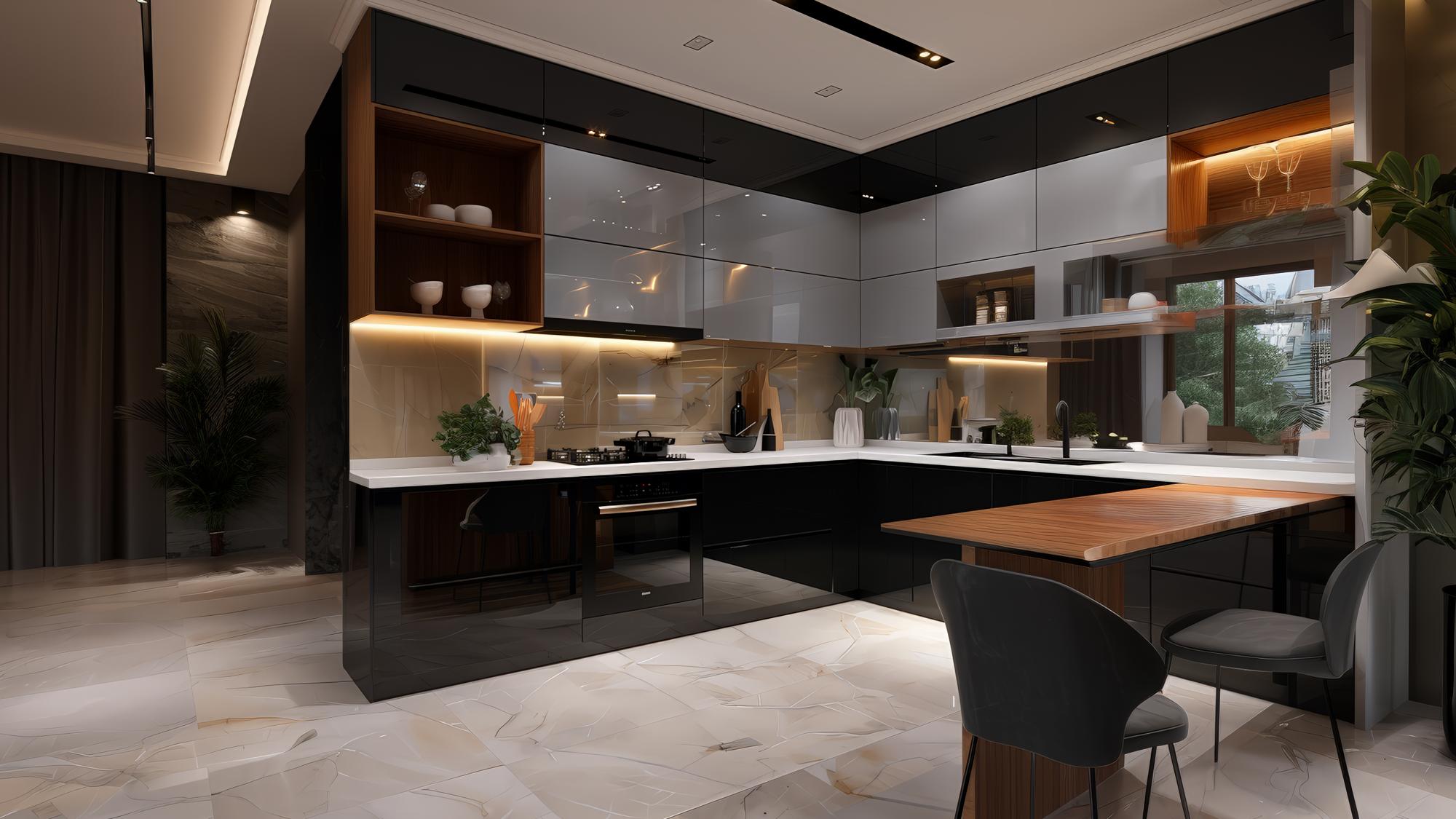 A modern kitchen featuring sleek black and gray cabinetry, a central island with a white countertop, and warm accent lighting. There is a wooden dining table with black chairs, and greenery is present for decorative appeal. The floor is composed of light, textured tiles, and large windows provide natural light.